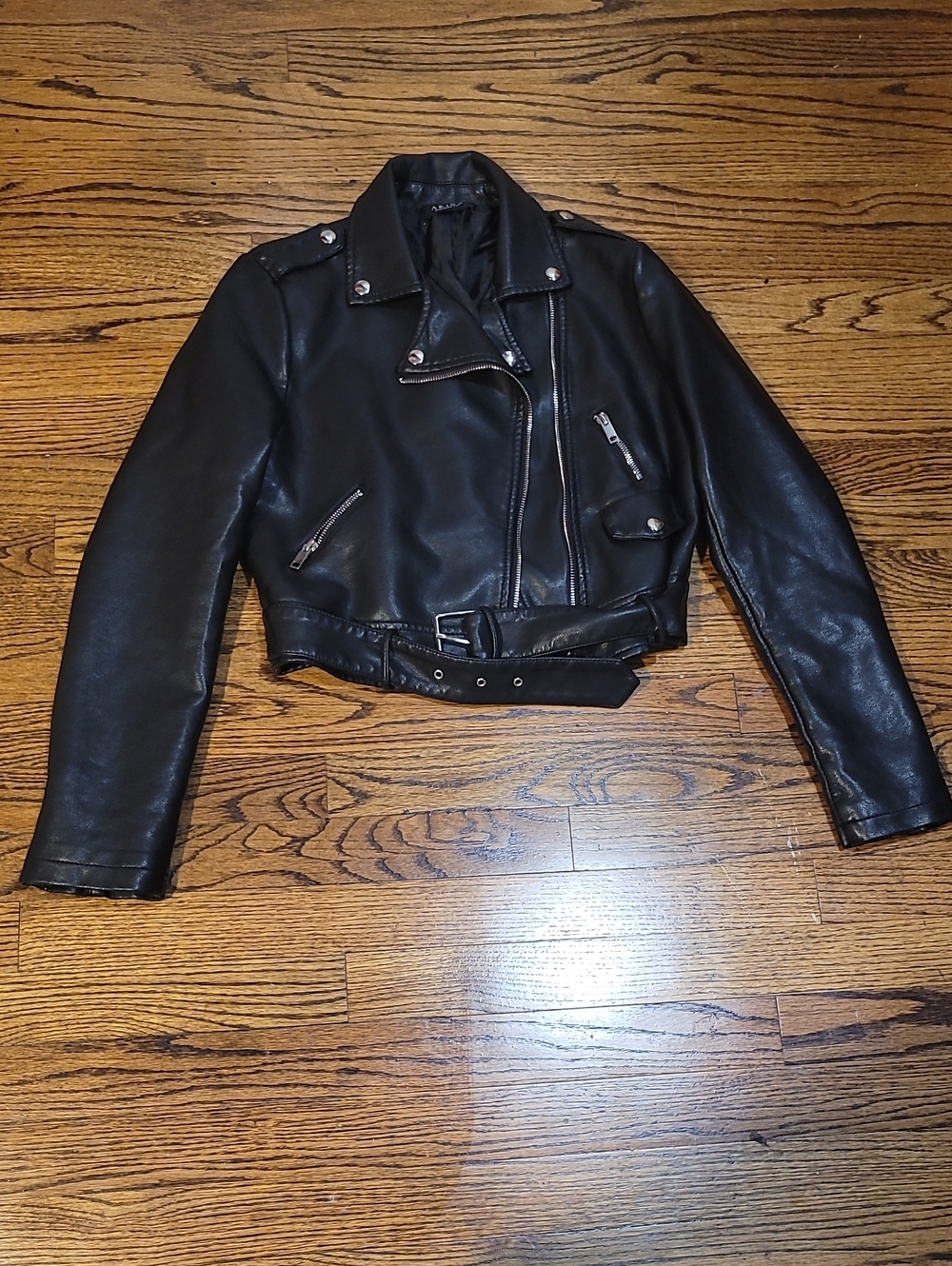 AKIRA Black Faux Leather Cropped Moto Bomber Jacket
